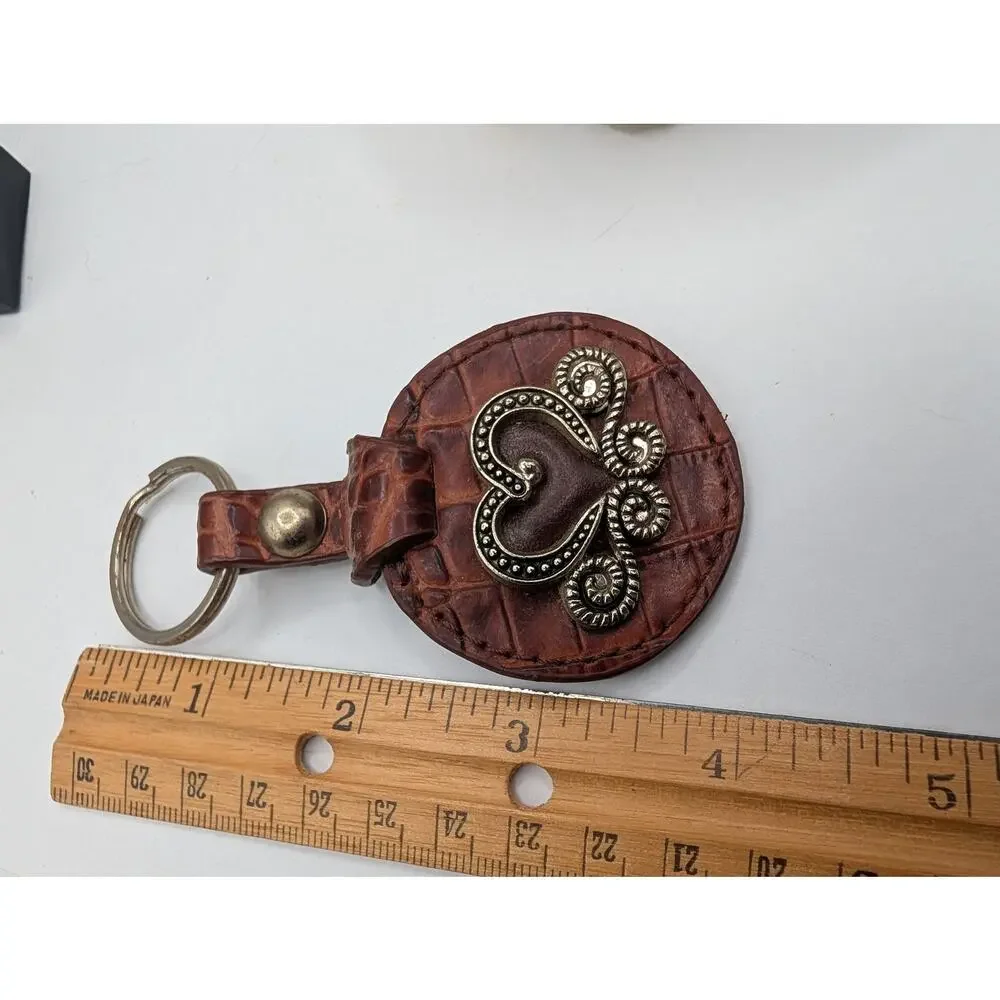 Vintage Heart & Scroll Leather Keychain Brown Crocodile Embossed Made in Japan